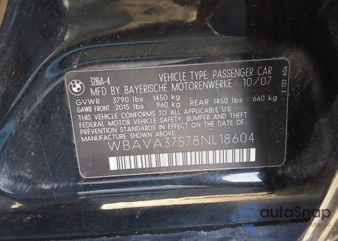 2008 BMW 328I from USA, damaged, VIN WBAVA37578NL18604